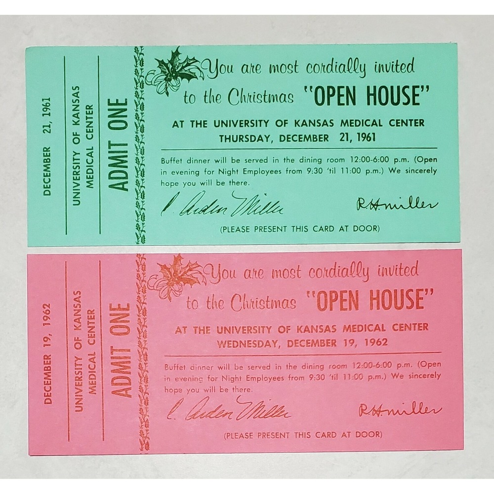 Vintage Christmas Paper Open House Tickets to KU Medical Center 1961 & 1962